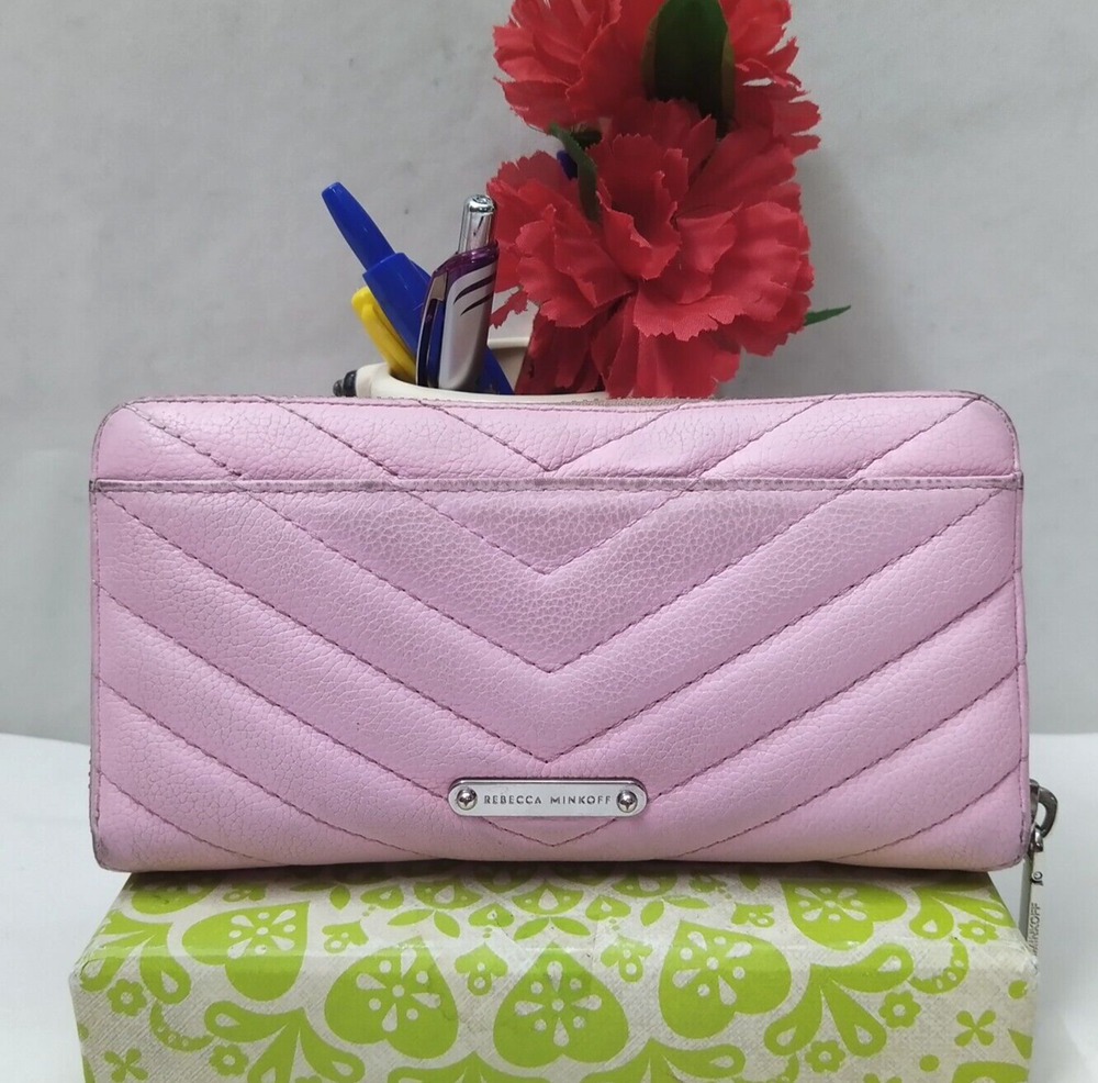 Rebecca Minkoff Pink Leather Chevron Quilted Zip Around Credit Card Wallet